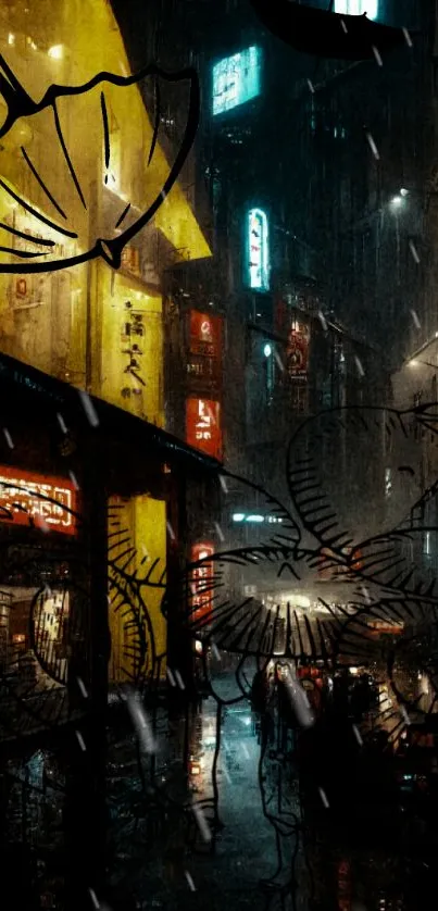 Rainy neon-lit street scene in an urban city atmosphere.