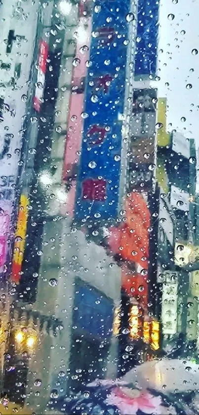 Rainy cityscape with neon signs reflecting through droplets.