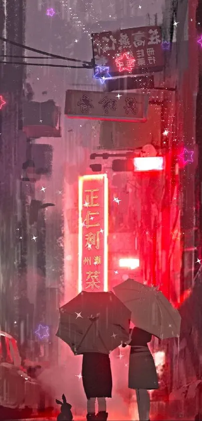 Rainy city night with neon lights and two people under umbrellas.