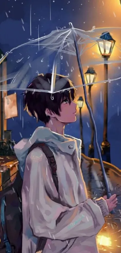 Anime character under umbrella on rainy night street with lamps.