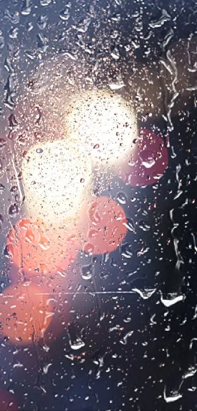 Raindrops on a window with blurred city lights in the background.