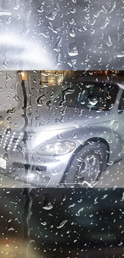 Silver car view through rain-soaked window at night.