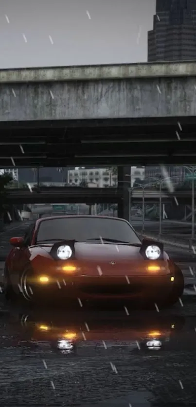 Red sports car in the rain under a bridge with city lights.