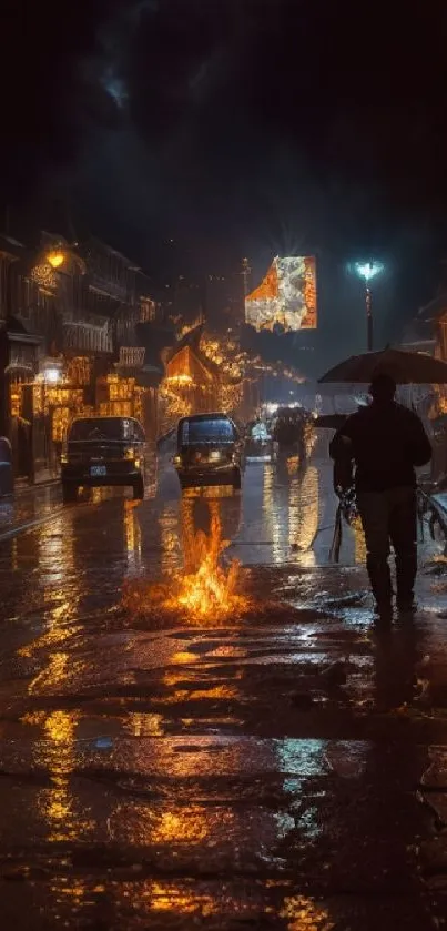 Rainy city street with lights reflecting on wet pavement and a person with umbrella.