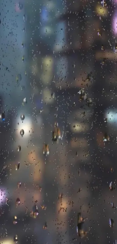 Raindrops on glass with vibrant blurred city lights at night, creating a moody urban scene.