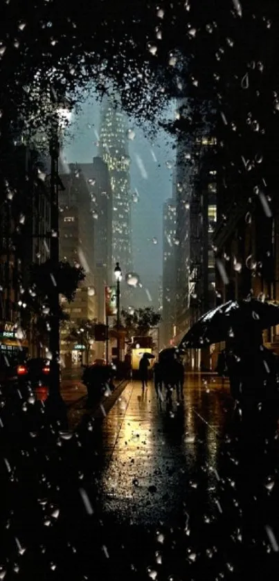 Rainy city street at night with lights and reflections.