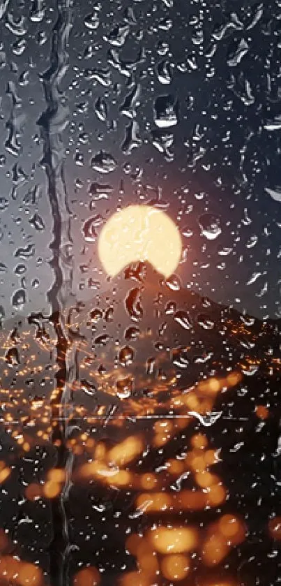 Rainy night cityscape with raindrops and glowing moon.