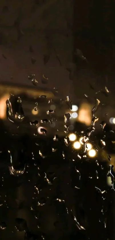 Raindrops on window with city lights at night, creating a serene cityscape view.