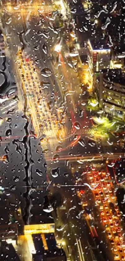 Rain-drenched cityscape with bright night lights viewed through a window.