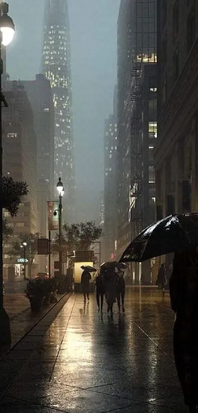 Rainy urban street at night with lights reflecting on wet pavement.