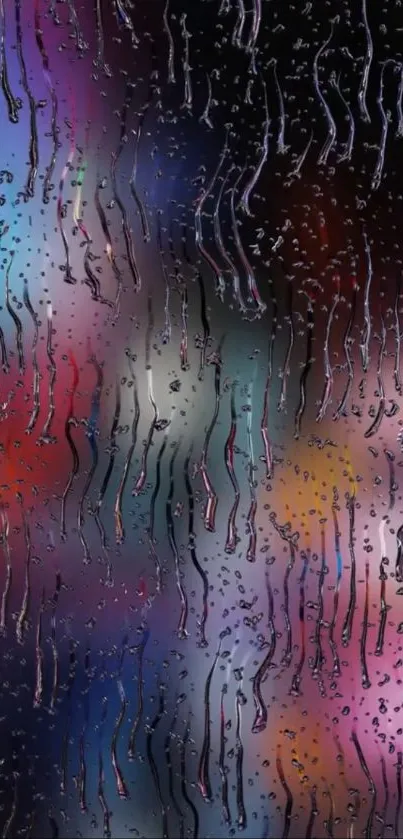 Rain-streaked glass with colorful city lights in background.