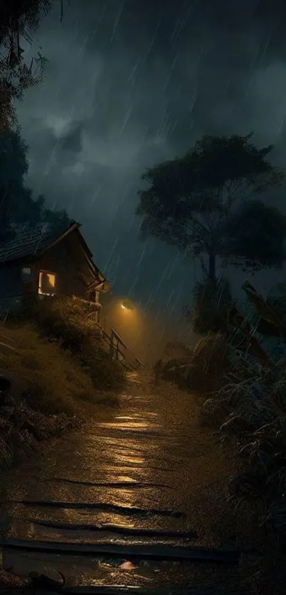 A glowing path leads to a cabin in a rainy, dark forest setting.