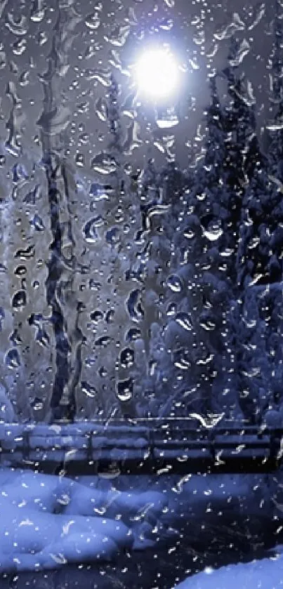 Rainy night forest wallpaper with raindrops on a window.