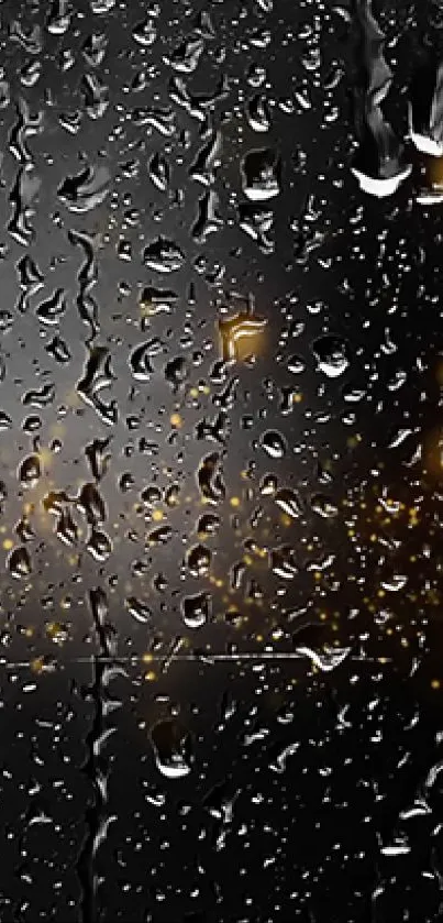 Raindrops on dark background with glowing golden lights