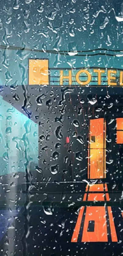 Rainy night hotel with neon lights.