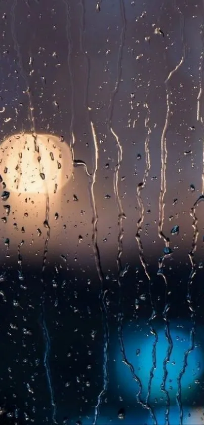 Raindrops on glass with a blurred city background, capturing a rainy night.