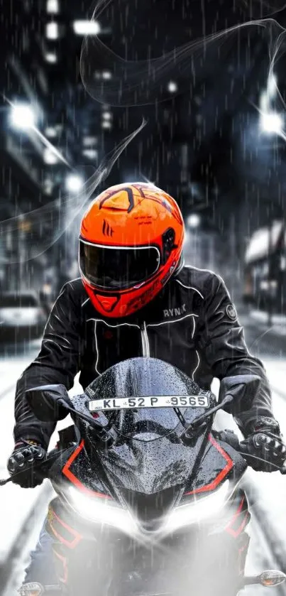 Motorcycle rider with orange helmet on rainy city night.