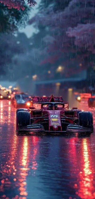 Racing car driving through rainy city streets with neon reflections.