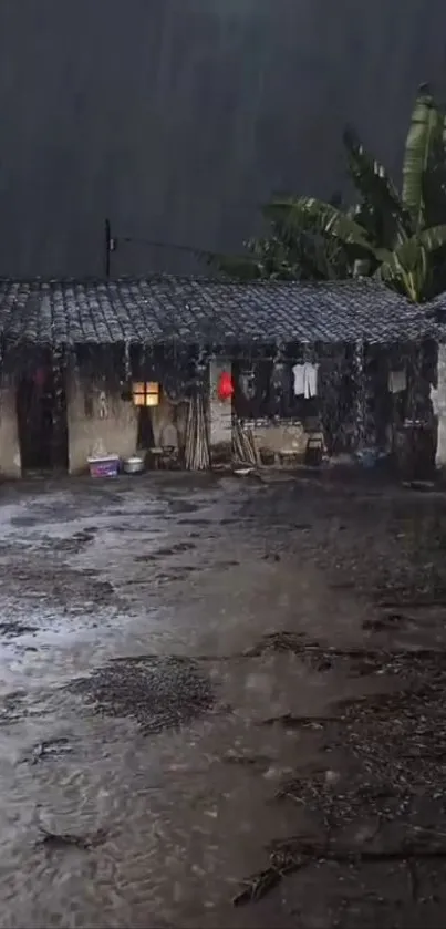 Rainy night with rural cottage and dark sky.