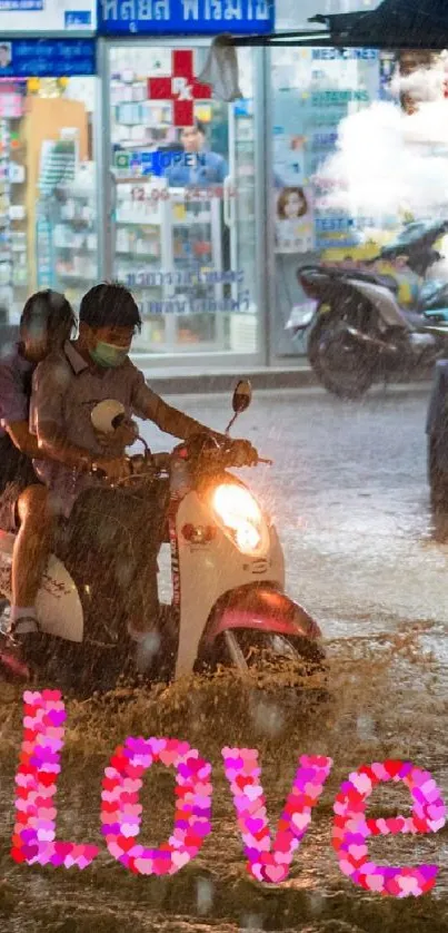 Couple on scooter amidst city rain with pink 'Love' sign glowing.