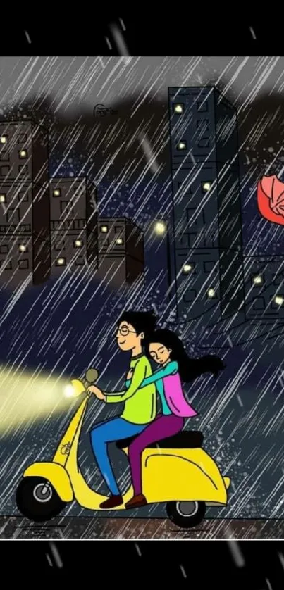 Illustration of a couple riding a scooter at night through a rainy city street.