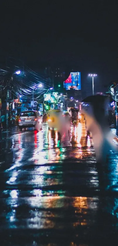 Night street with vibrant reflections and vivid city lights.