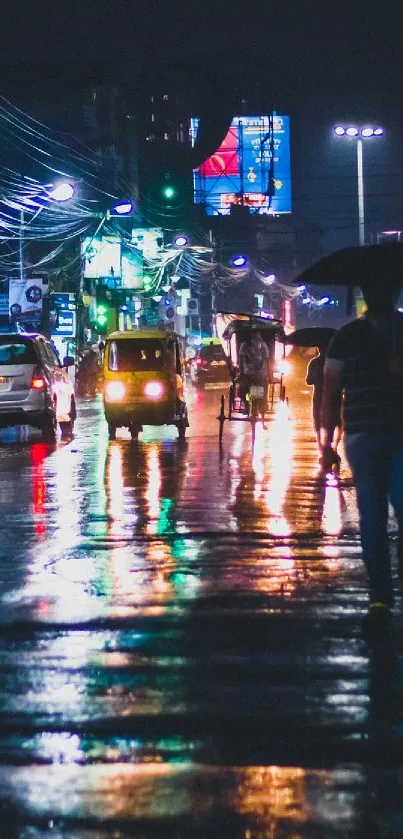 Street on rainy night with reflections from city lights.