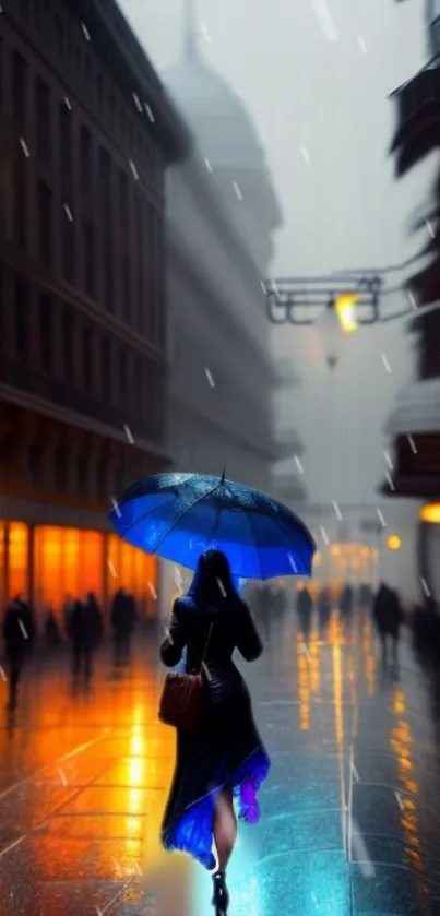 Dramatic city street with blue umbrella on a rainy night.