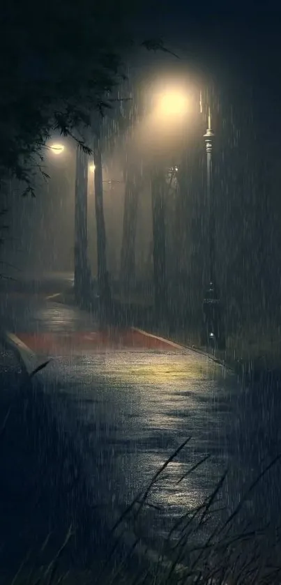 Rainy night street view with glowing lamps and wet road.