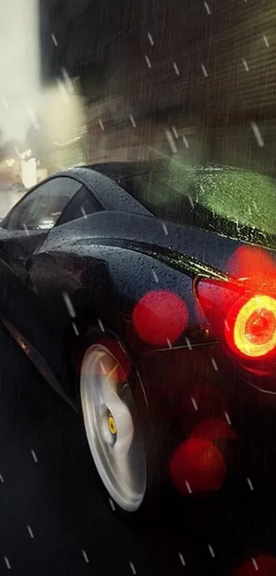 Supercar driving through rainy city street at night.