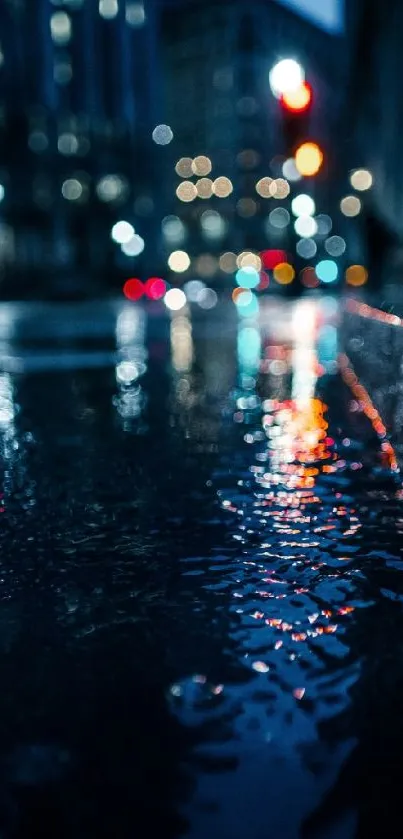 Rainy city street with vibrant bokeh lights.