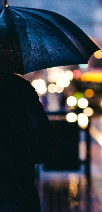 A silhouette with an umbrella on a rainy urban night with city lights.