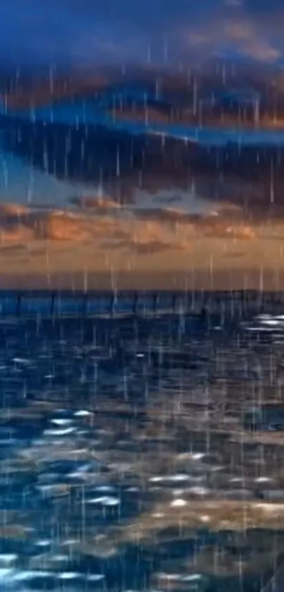 A stunning rainy ocean scene at sunset with a vibrant dark blue sky.