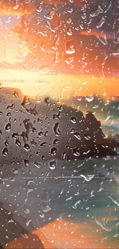 Rain-speckled glass with ocean sunset view.