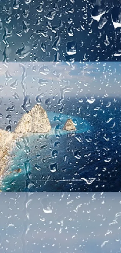 Mobile wallpaper featuring an ocean view through raindrops for a serene effect.