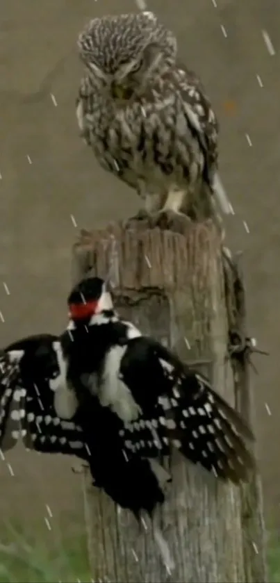 Owl perched on stump with woodpecker in flight, under rain.