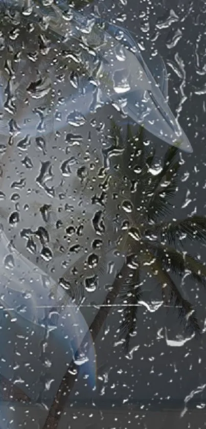 Wallpaper of palm tree with rain droplets on glass.