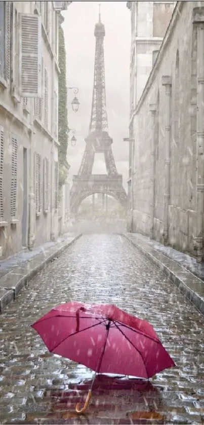 Paris street with red umbrella and Eiffel Tower on a rainy day wallpaper.