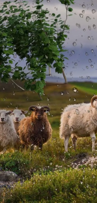 Rainy pasture with sheep and greenery.