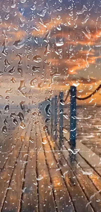 Mobile wallpaper of a rainy pier at sunset with reflections.