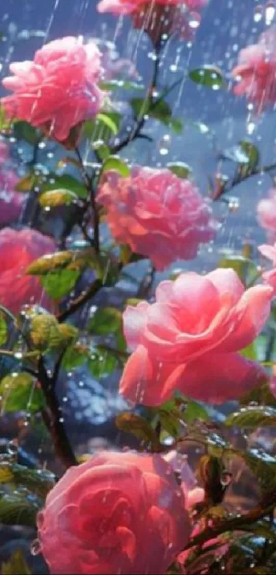 Pink roses in the rain with vibrant colors and raindrops.