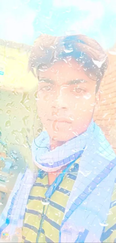 Portrait with rain effect on mobile wallpaper.