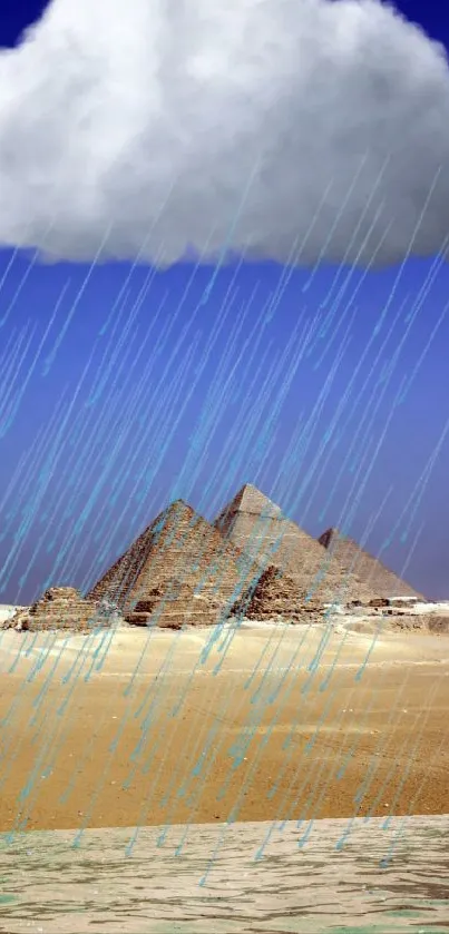 Pyramids under rain with blue sky and clouds.