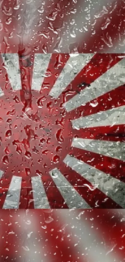 Red and white sunburst wallpaper with raindrops.