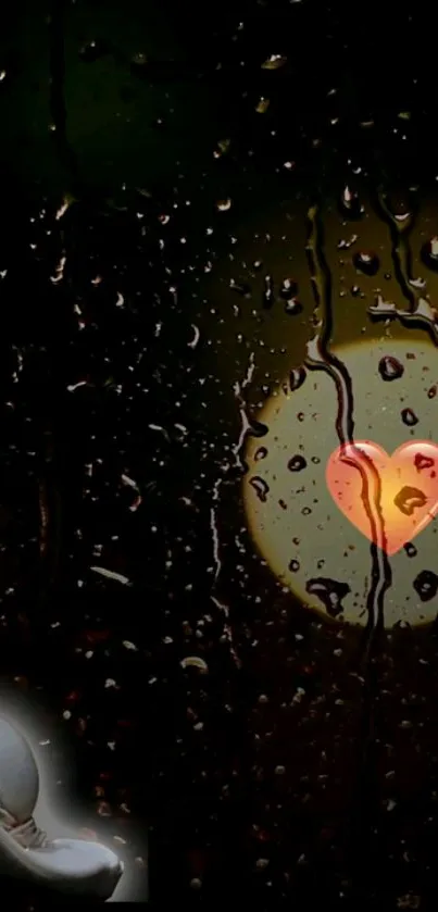 Raindrops with a glowing heart reflecting light.