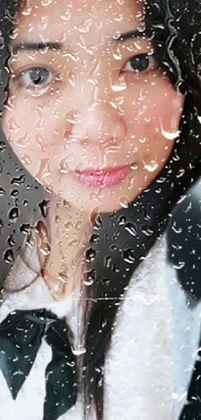 Portrait behind a rain-streaked window on mobile wallpaper.