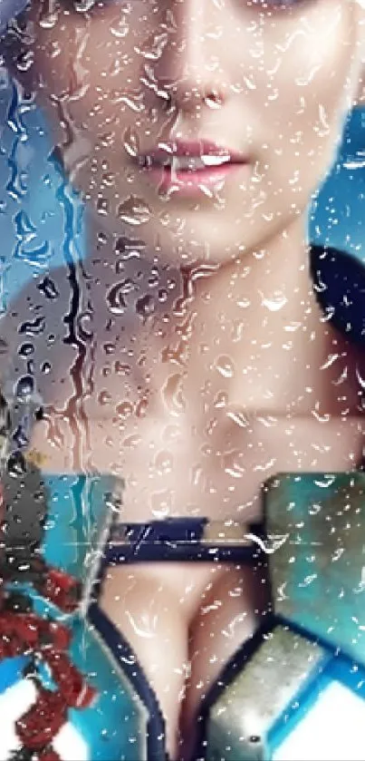 Cyber character with raindrop effect on glass in blue tones mobile wallpaper.