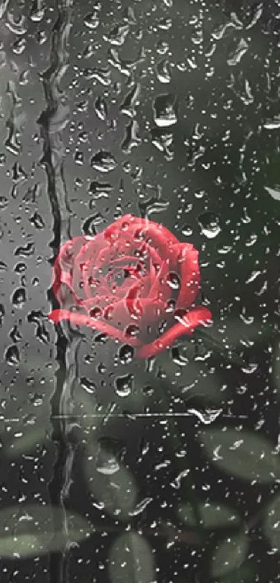 A red rose behind rain-covered glass, creating a peaceful mobile wallpaper.