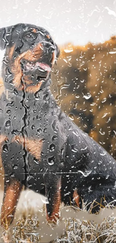 Majestic Rottweiler in rain with a nature background