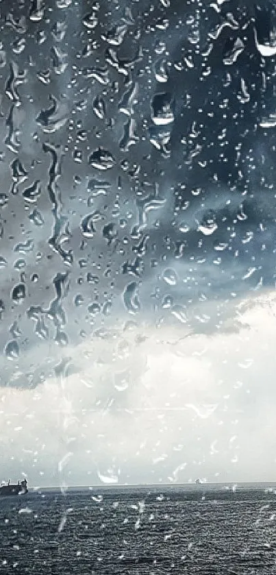 Raindrops on window with stormy ocean view